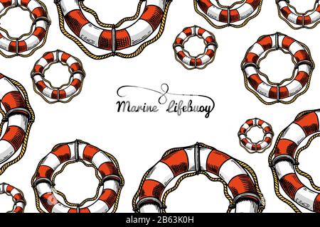 Rettungsschwimmerboje der Marine. Nautisches Poster. Banner oder Hintergrund des Meeres. Handgezeichnete, eingravierte alte Skizze. Stock Vektor