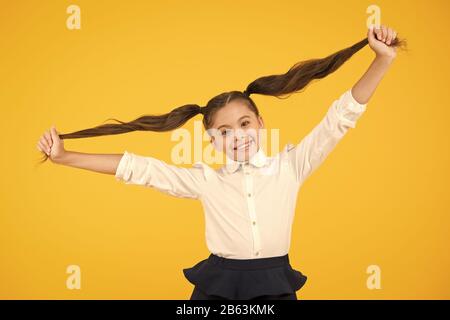 Schülerin Schüler lange Haare cute Pferdeschwänze Frisur. Pädagogisches Programm. Adorable Schulmädchen. Homeschooling oder besuchen regelmäßig die Schule. Die Effizienz des Studiums. Emotionaler Ausdruck Schulmädchen. Stockfoto