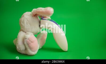 Toy Hare mit kontaktlosem Infrarot-Thermometer an der Stirn. Messung der hohen Temperatur von Kindern mit Influenza und Viren, Coronavirus. Medizin c Stockfoto