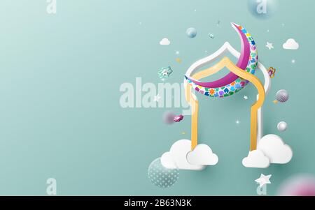 EID Mubarak Grußkarte. Ramadan Kareem Hintergrund mit Mond, Sternen, Moschee mit 3D-Komposition Stock Vektor