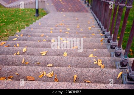 Granit Treppe mit herbstlichen Blättern. Stockfoto