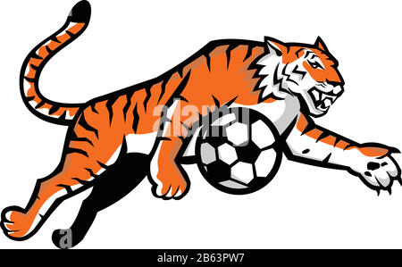 Maskottchen-Ikone Illustration eines Tigers, der im Retro-Stil läuft, springt, dribbbling Fußball-Ball von der Seite gesehen auf isoliertem Hintergrund. Stock Vektor