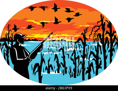 Maskottchen-Ikone Abbildung eines Entenjägers mit Gewehr im gefluteten Kornfeld Schießen auf eine Bildung von Gänsen von der Seite gesehen, die im Inneren oval auf Isolat eingestellt ist Stock Vektor