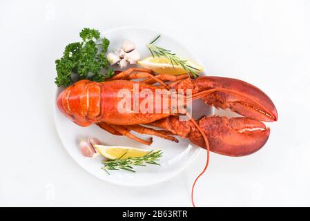 Rote-Hummer-Dinner Fisch und Meeresfrüchte mit Kräutern Gewürze Zitronen-Rosmarin serviert Tisch im Restaurant Gourmet-Essen gesunder gekochter Hummer gekocht / Frischer Hummer f Stockfoto