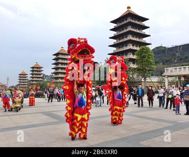 Kaohsiung, TAIWAN - 25. JANUAR 2020: Traditionelle chinesische Löwen-Tänzerinnen treten während des chinesischen Neujahrs im Buddhistischen Komplex Fo Guang Shan auf. Stockfoto