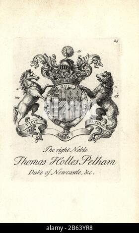 Wappen und Wappen des rechten Adligen Thomas Holles Pelham, 1st Duke of Newcastle, 1693-1760-698. Kupferstich von Andrew Johnston nach C. Gardiner aus der Notitia Anglicana, Die Die Errungenschaften des gesamten englischen Adels Andrew Johnson, The Strand, London, 1724 Ausmachte. Stockfoto