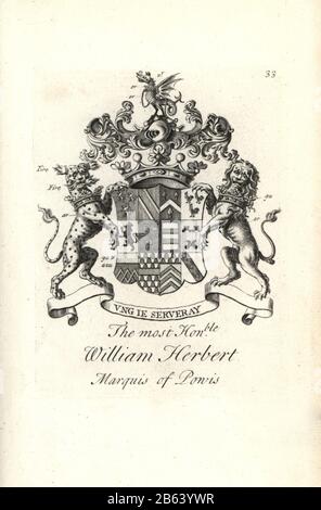 Wappen und Wappen des rechten ehrenwerten William Herbert, 2. Marquess of Powis, 1660-1745. Kupferstich von Andrew Johnston nach C. Gardiner aus der Notitia Anglicana, Die Die Errungenschaften des gesamten englischen Adels Andrew Johnson, The Strand, London, 1724 Ausmachte. Stockfoto