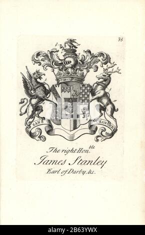 Wappen und Wappen des rechten ehrenwerten James Stanley, 10. Anfang Darby, 1664-1736. Kupferstich von Andrew Johnston nach C. Gardiner aus der Notitia Anglicana, Die Ihre Leistungen des gesamten englischen Adels Andrew Johnson, The Strand, London, 1724 Ablegte. Stockfoto