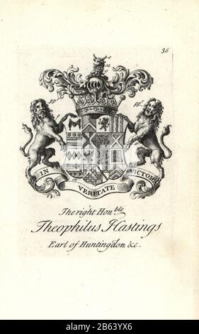 Wappen und Wappen des rechten ehrenwerten Theophilus Hastings, 9th Earl of Huntingdon, 1696-1746. Kupferstich von Andrew Johnston nach C. Gardiner aus der Notitia Anglicana, Die Ihre Leistungen des gesamten englischen Adels Andrew Johnson, The Strand, London, 1724 Ablegte. Stockfoto