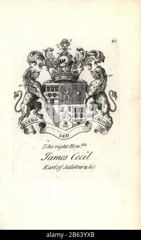 Wappen und Wappen des rechten ehrenwerten James Cecil, 5th Earl of Salisbury, 1691-1728. Kupferstich von Andrew Johnston nach C. Gardiner aus der Notitia Anglicana, Die Ihre Leistungen des gesamten englischen Adels Andrew Johnson, The Strand, London, 1724 Ablegte. Stockfoto