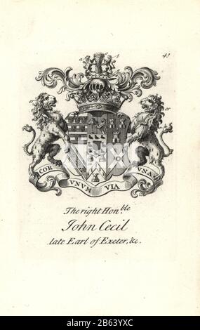 Wappen und Wappen des rechten ehrenwerten John Cecil, 6th Earl of Exeter, 1674-1721. Kupferstich von Andrew Johnston nach C. Gardiner aus der Notitia Anglicana, Die Ihre Leistungen des gesamten englischen Adels Andrew Johnson, The Strand, London, 1724 Ablegte. Stockfoto