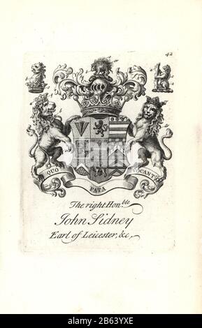 Wappen und Wappen der rechten ehrenwerten Jocelyn Sidney, 7th Earl of Leicester, 1682-1743. Kupferstich von Andrew Johnston nach C. Gardiner aus der Notitia Anglicana, Die Ihre Leistungen des gesamten englischen Adels Andrew Johnson, The Strand, London, 1724 Ablegte. Stockfoto