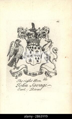 Wappen und Wappen des rechten ehrenwerten John Savage, 5th Earl of Rivers, 1665-1737. Kupferstich von Andrew Johnston nach C. Gardiner aus der Notitia Anglicana, Die Ihre Leistungen des gesamten englischen Adels Andrew Johnson, The Strand, London, 1724 Ablegte. Stockfoto