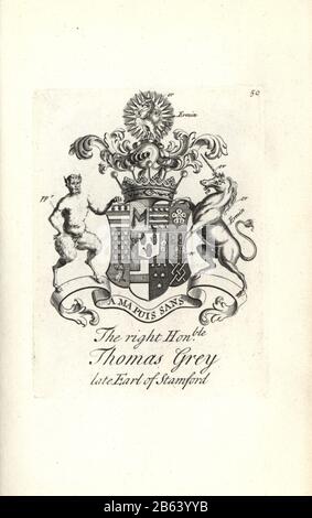 Wappen und Wappen des rechten ehrenwerten Thomas Gray, 2nd Earl of Stamford, 1654-1720. Kupferstich von Andrew Johnston nach C. Gardiner aus der Notitia Anglicana, Die Ihre Leistungen des gesamten englischen Adels Andrew Johnson, The Strand, London, 1724 Ablegte. Stockfoto