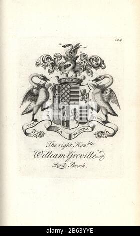 Wappen und Wappen des rechten ehrenwerten William Greville, 7th Baron Brooke, 1695-1727. Kupferstich von Andrew Johnston nach C. Gardiner aus der Notitia Anglicana, Die Ihre Leistungen des gesamten englischen Adels Andrew Johnson, The Strand, London, 1724 Ablegte. Stockfoto