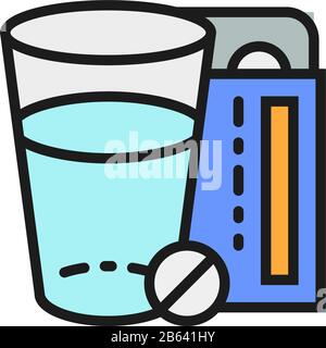 Glas Wasser und Pillen, Flat Color Line Icon für Medikamente. Stock Vektor