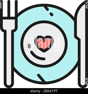 Gesundes Essen, Teller mit Gabel und Messer, Flat Color Line Symbol für Restaurantmenü. Stock Vektor