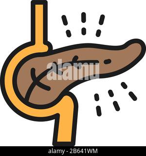 Bauchspeicheldrüsenkrankheiten, flaches Symbol für die Diabetes-Farblinie. Stock Vektor