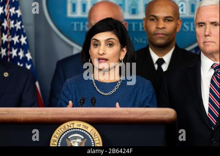 Washington, Vereinigte Staaten. März 2020. März 2020 - Washington, DC, Vereinigte Staaten: Seema Verma, Administrator der Centers for Medicare and Medicaid Services, auf der Pressekonferenz der Coronavirus Task Force. (Foto von Michael Brochstein/Sipa USA) Credit: SIPA USA/Alamy Live News Stockfoto