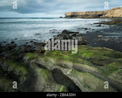 Steine mit Grünalgen bei Ebbe in einer Küstenlandschaft, La Pared, Fuerteventura, Kanarische Inseln, Spanien Stockfoto