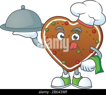 Die Cartoon-Figur des Küchenchefs von Lebkuchen liebt Essen auf dem Tablett Stock Vektor