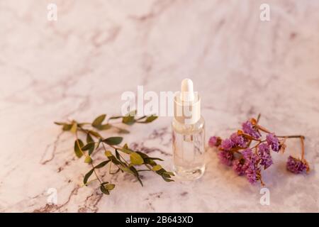 Rosmarin ätherisches Öl und Zweig auf Marmorboden. Zutaten für hausgemachte Kosmetik. Ätherisches Öl, Teebaumöl, Lavendel. Naturkosmetik Stockfoto