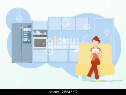 Intelligente Hausküche, Internet der Dinge, junge Frau steuert modernes Gerät mit Tablet. Vektor-Illustration - flacher Stil. Stock Vektor