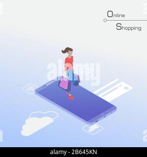 Frau, die mit Einkaufstaschen auf dem Smartphone spazieren geht und online Sachen kauft. Flaches isometrisches Vektorbild E-Commerce-Konzept. Stock Vektor