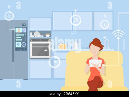 Intelligente Hausküche, Internet der Dinge, junge Frau steuert modernes Gerät mit Tablet. Vektor-Illustration - flacher Stil. Stock Vektor