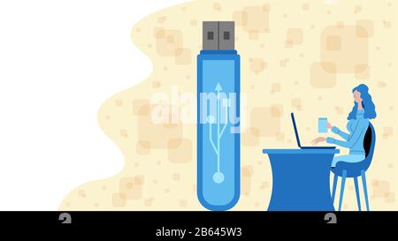 Eine Geschäftsfrau, die mit einem Flash-Laufwerksymbol für die Datenübertragung arbeitet. Alle Objekte, Schatten und Hintergrund befinden sich in verschiedenen Ebenen. Stock Vektor
