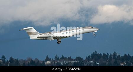 Richmond, British Columbia, Kanada. Februar 2020. Ein Gulfstream G550 (GV-SP) Business Jet (C-FTEL), registriert bei Telus Communications Inc., beginnt vom internationalen Flughafen Vancouver. Kredit: Bayne Stanley/ZUMA Wire/Alamy Live News Stockfoto