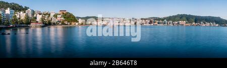 Oriental Bay und Wellington City, Neuseeland an einem ruhigen Sommermorgen. Stockfoto