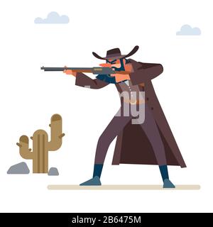 Der Goldjäger hat sein Gewehr zum Ziel. Alt wild westlich. Cartoon-Vektor-Illustration. Flacher Stil. Isoliert auf weißem Hintergrund. Stock Vektor