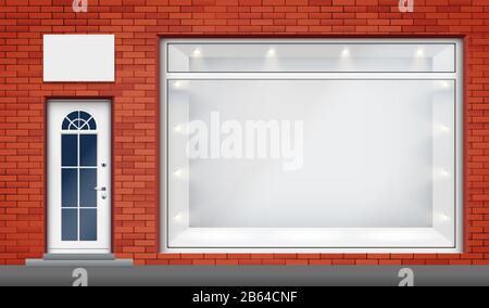 Außenansicht der Schaufassade mit großen Glasfronten Stock Vektor