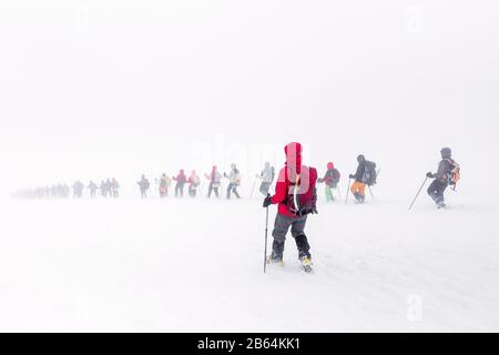 Elbrus, Kaukasusgebirge, Russland. Eine riesige Gruppe von Kletterern steigt im Nebel vom Elbrus ab. Das Konzept, den Berg in einem Schneesturm zu besteigen Stockfoto