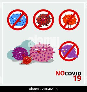 Lustiger Cartoon Stoppschild für Corona Virus, kein Covid-19 Zeichen. Bunte Cartoon-Virusfiguren im Kreis-Querstop-Zeichen, Vektorgrafiken Stockfoto