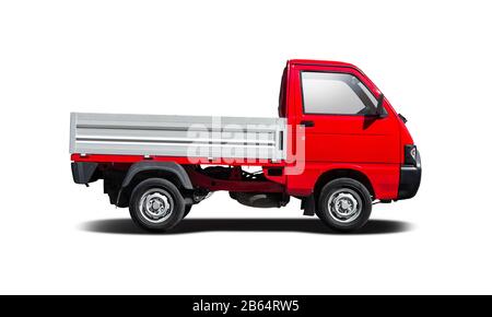 Rote Seitenansicht des Pick-Wagens isoliert auf weiß Stockfoto