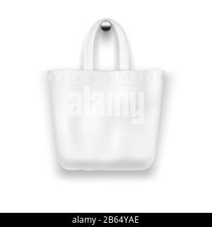Textile Tragetasche, die an der Wand hängt, realistische Vektormockup für das Einkaufsdesign. Stock Vektor