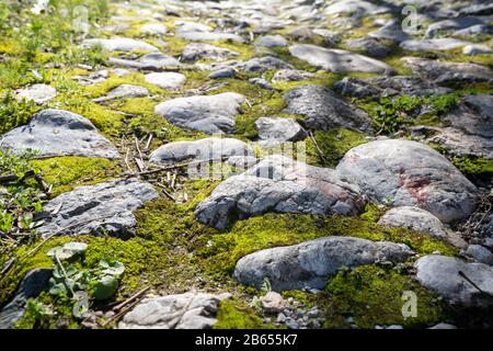 Uralter Fußweg von Blocksteinen aus mittelalterlichen Zeiten, Textursteinen, Hintergrund alter Steine. Altes Straßenbelag Stockfoto