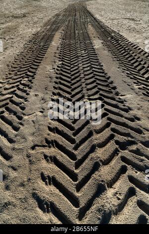 Die Spuren, die ein Fahrzeug auf dem Sand hinterlassen hat Stockfoto