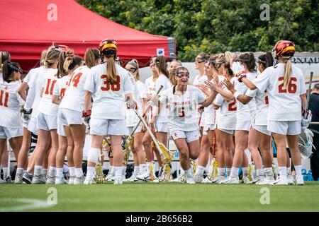 Southern California Women of Troy Angreiferin Emily Concialdi (5) wird vor dem Spiel während eines NCAA-Lacrosse-Matches gegen die California Golden Bears, Sonntag, 8. März 2020, in Los Angeles, Kalifornien, USA, vorgestellt. (Foto von IOS/Espa-Images) Stockfoto