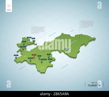 Stilisierte Karte von Tadschikistan. Isometrische 3D-Grünkarte mit Städten, Grenzen, Hauptstadt Duschanbe, Regionen. Vektorgrafiken. Editierbare Ebenen können klar beschriftet werden Stock Vektor