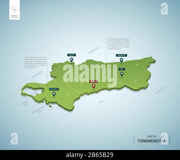 Stilisierte Karte von Turkmenistan. Isometrische 3D-Grünkarte mit Städten, Grenzen, Hauptstadt Ashgabat, Regionen. Vektorgrafiken. Bearbeitbare Ebenen klar ablabor Stock Vektor