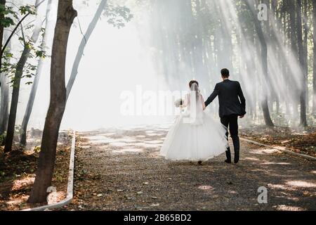 Neuvermählte umarmen sich in einem schönen Parkwald unter Strahlen der untergehenden Sonne durch den Nebel. Stockfoto