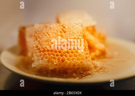 Reiner Naturhonig, der aus Wabennähe tropft. Makro mit flachem freiheitsgrad. Stockfoto