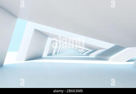 Abstrakter digitaler Grafikhintergrund mit leerer weißer, endloser Tunnelperspektive. 3D-Rendering-Abbildung Stockfoto