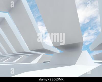 Abstrakter architektonischer Hintergrund mit weißem parametrischem Innenraum unter blauem Himmel. 3D-Rendering-Abbildung Stockfoto