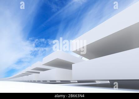 Abstrakter architektonischer Hintergrund mit weißer parametrischer Installation unter trübem blauem Himmel. 3D-Rendering-Abbildung Stockfoto