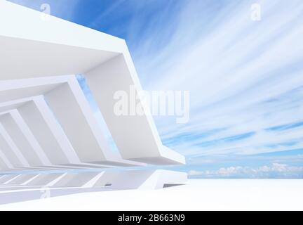 Abstrakter architektonischer Hintergrund mit weißer parametrischer Installation unter trübem blauem Himmel. 3D-Rendering-Abbildung Stockfoto