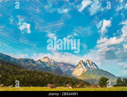 Aquarelldarstellung: Ein klarer blau-weißer Himmel mit Sonne und Wolken über dem massiv der bayerischen Alpen vor einer Bergwiese mit Wald a Stockfoto